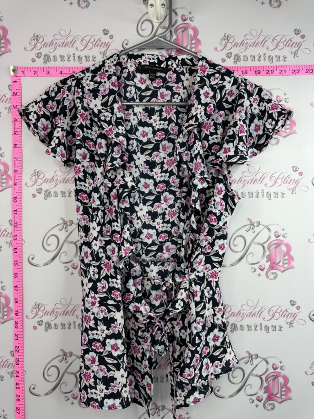 Banana Republic Short-Sleeve Cardigan with Pink and White Flowers Floral tie up